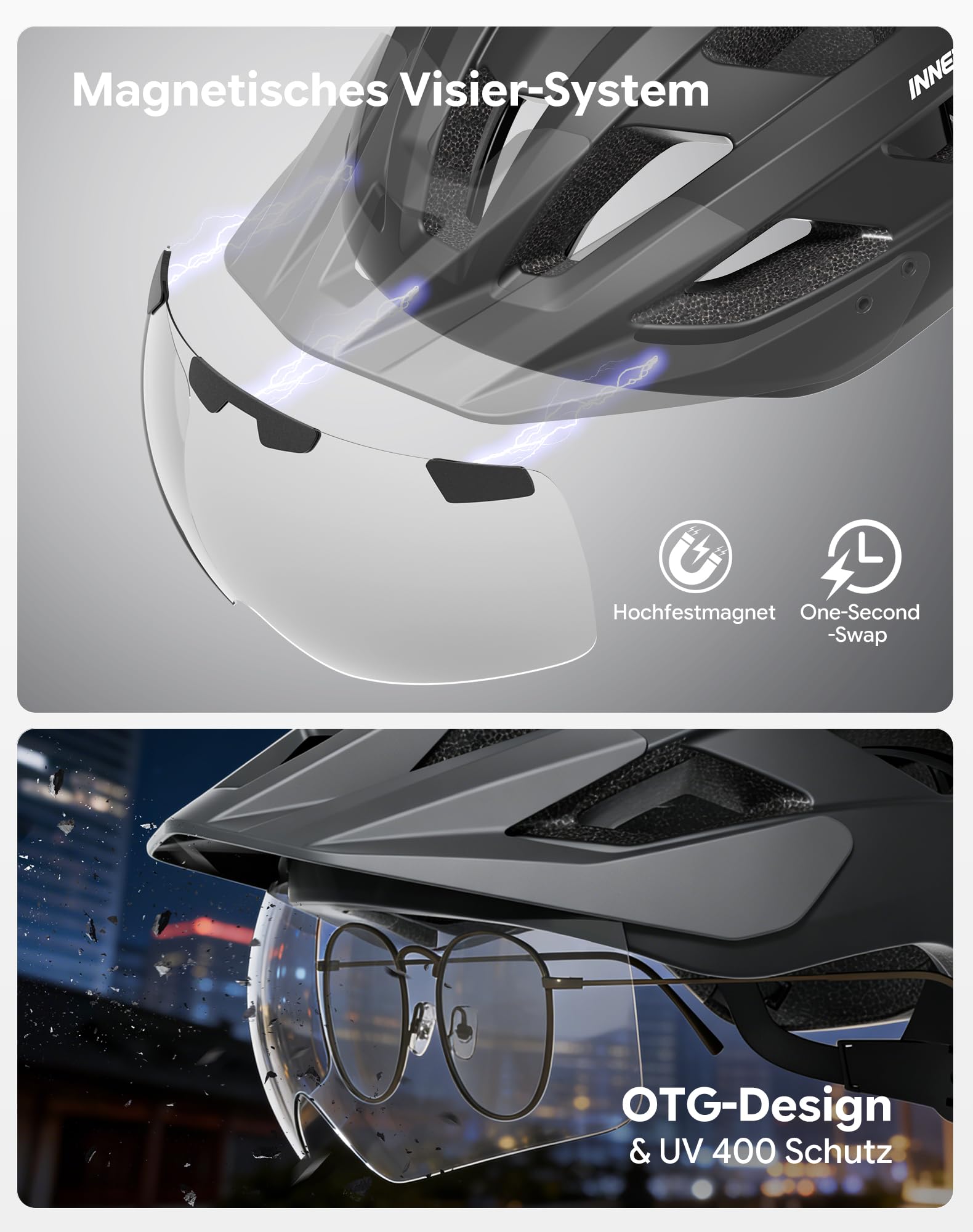 InnerKing Fahrradhelm Herren Damen, Leichte Fahrradhelm mit Magnetische Schutzbrille Visier und USB-Aufladung LED Licht, MTB Helm Radhelm Cityhelm
