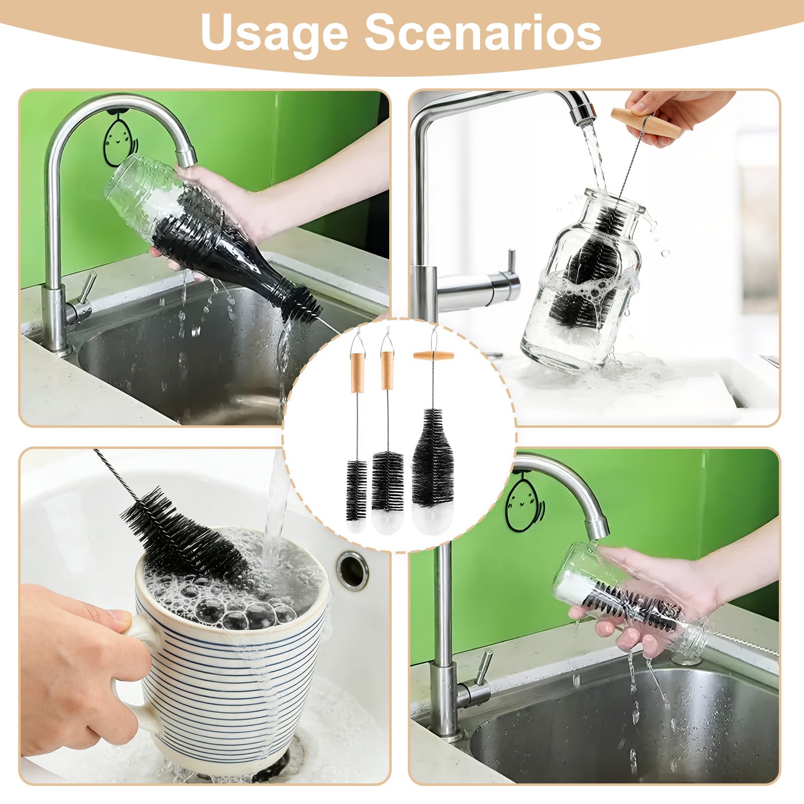 Cepillo Limpia Botellas por Dentro 3 Piezas, Cepillo Botellas Cristal Agua Compatible con Sodastream, Cepillo Botella 35 cm para Limpiar Botellas de Vidrio, Soda y Biberones sin Rayar Uso Diario Hogar