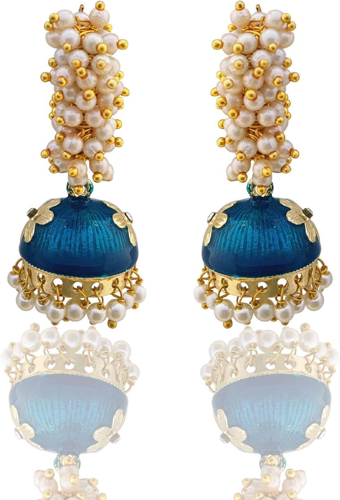 Golden Meenakari Jhumkas With White Pearls For Women (Green)