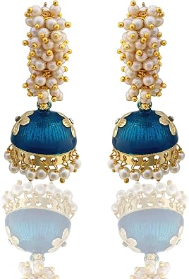 Moonstruck Golden Meenakari Jhumkas With White Pearls For Women Green