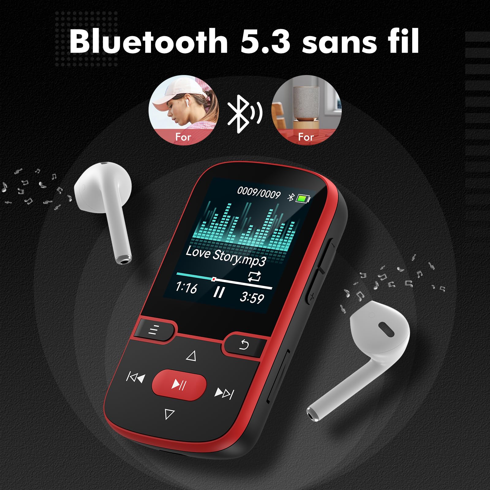 64 Go Lecteur MP3 Bluetooth 5.3 avec Clip Musique Sport, écran TFT 1,5"