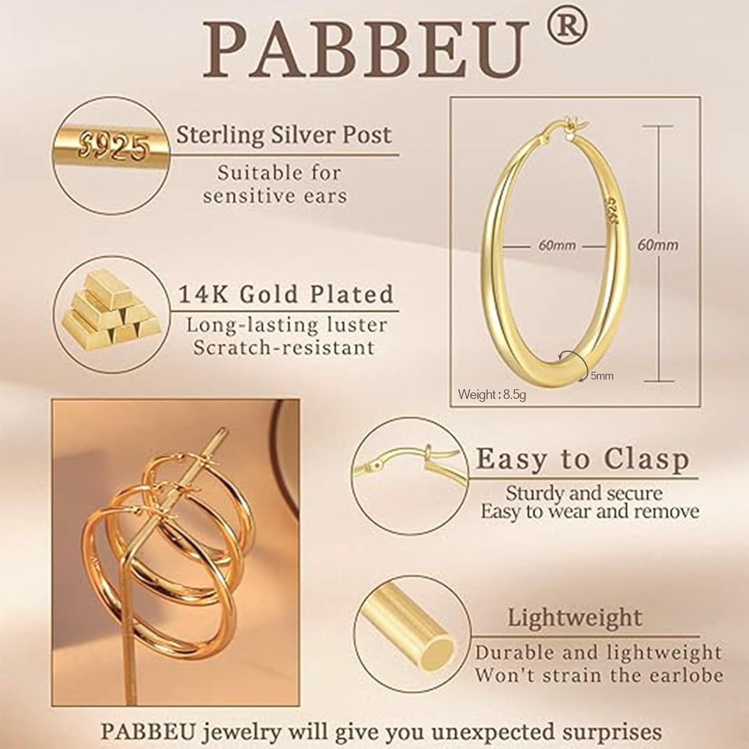 PABBEU S925 Sterling Silver Hoop Earrings Large Silver Hoop Earrings for Women Hypoallergenic Lightweight Big Thick Silver Hoop Earrings for Women Girls 35/40/50/60/70mm - Image 2