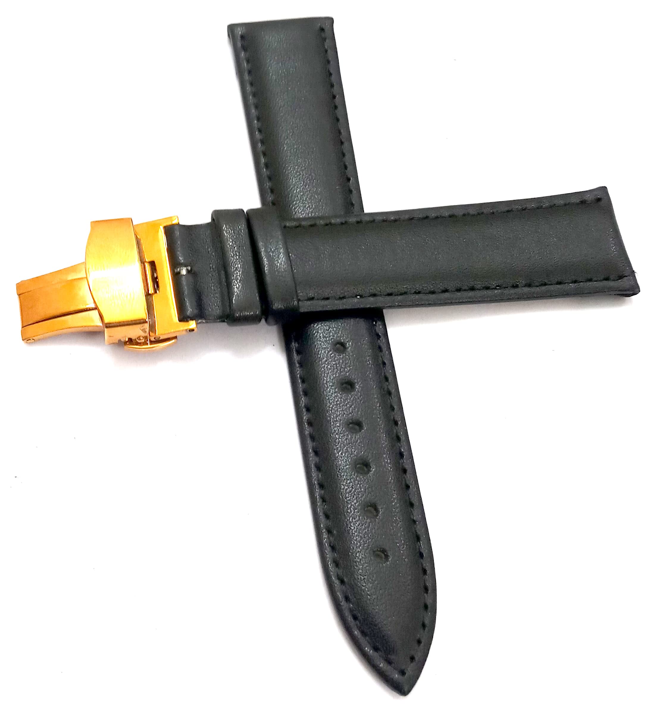 Ewatchaccessories 22mm Genuine Leather Black Watch Band Strap for Men and Women | Comfortable and Durable Material | Deployment Golden Buckle-D1 (B0B7R1MBC8) Amazon Price History, Amazon Price Tracker