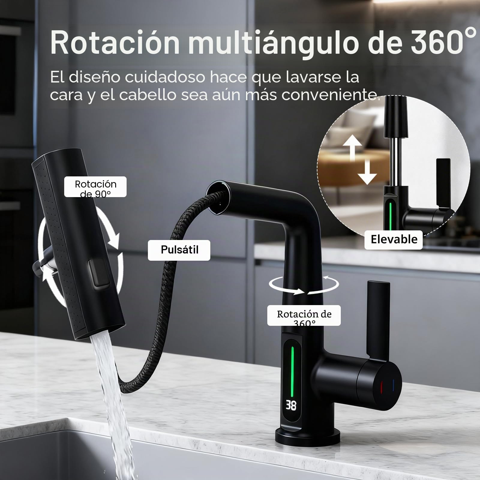 Grifo Cocina Extraible, Grifo de Baño con LED de Temperatura Grifos de Cocina Fregadero con 3 Modos de Flujo de Agua Orientable de 360° grifo de cascada de baño Negro Altura Ajustable