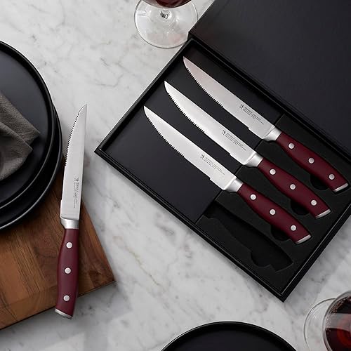 Miniatura 8 de HENCKELS Juego de 4 cuchillos para carne forjados con acento afilado, color rojo, cuchillo de ingeniería alemana informado por más de 100 años de