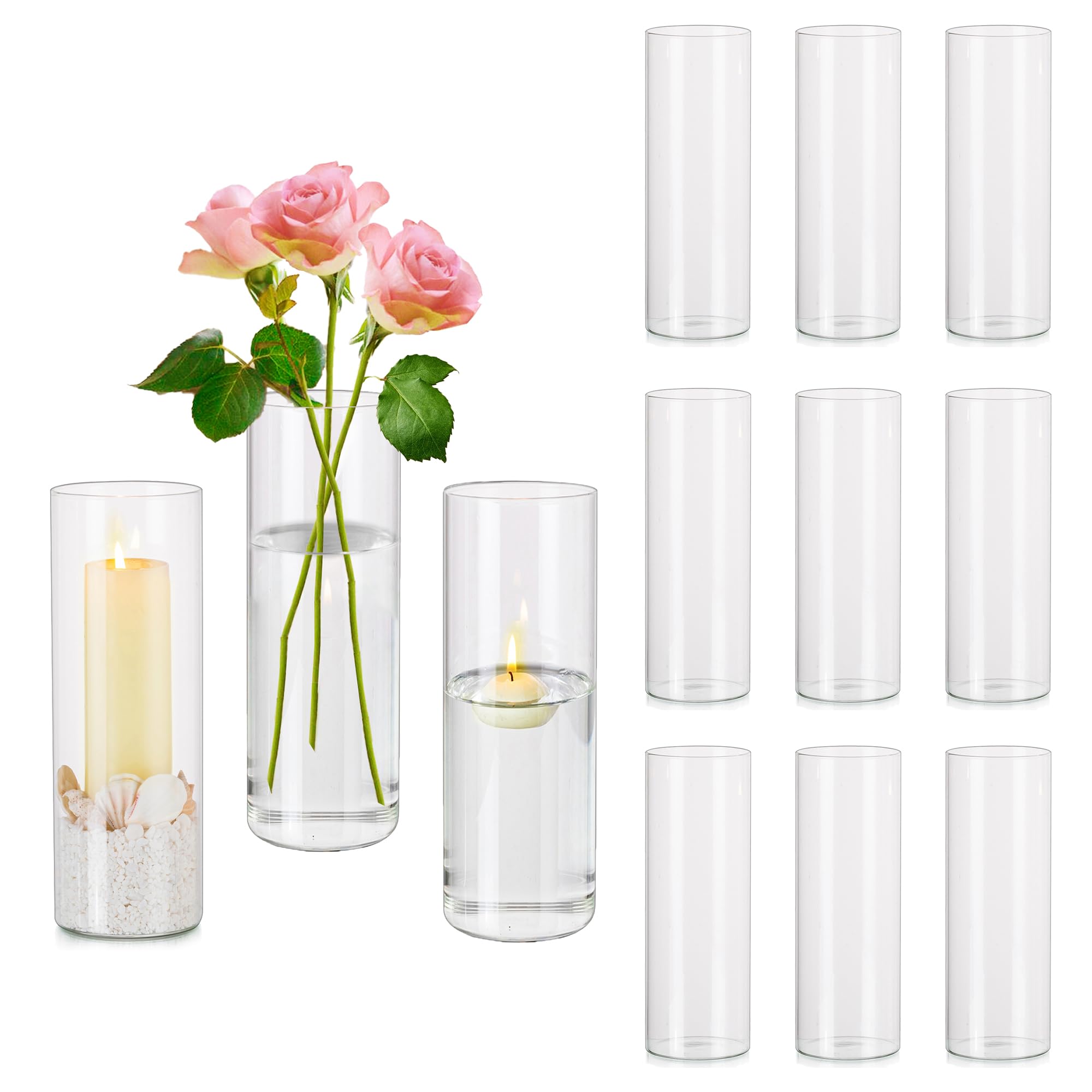 Hewory Zylinder Vase Glas 12 Stück Blumenvase, 20cm Modern Vasen Set Glasvase Deko Vasen, Tulpenvase Windlicht Glas Kerzenhalter Für Stumpenkerzen Schwimmkerzen Für Hochzeitsdeko Deko Wohnzimmer