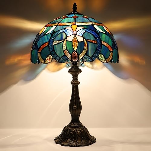 Miniatura 10 de Tiffany Lamp Stained Glass Table Lamp Bedside Reading Light W12H19 Inches (Sapphire Style) Sapphire style,Sea blue pearl style,Blue Baroque
