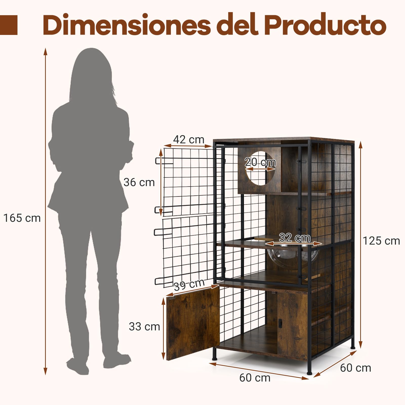 GOPLUS Jaula para Gatos de 3 Pisos, Recinto para Gatos con Cápsula Espacial y Armario con Cerradura, Casa para Mascotas de Alambre Metálico para Mascotas, Chinchillas y Conejos, 60 x 60 x 125 cm