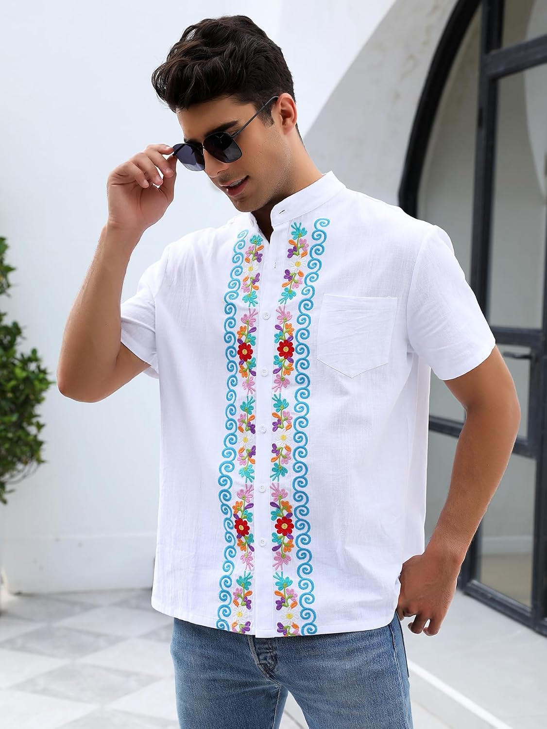 Mexican Shirts for Men Authentic Guayabera Embroidered Dress Up Fiesta Traditional Style Cinco De Mayo Button Up Shirt