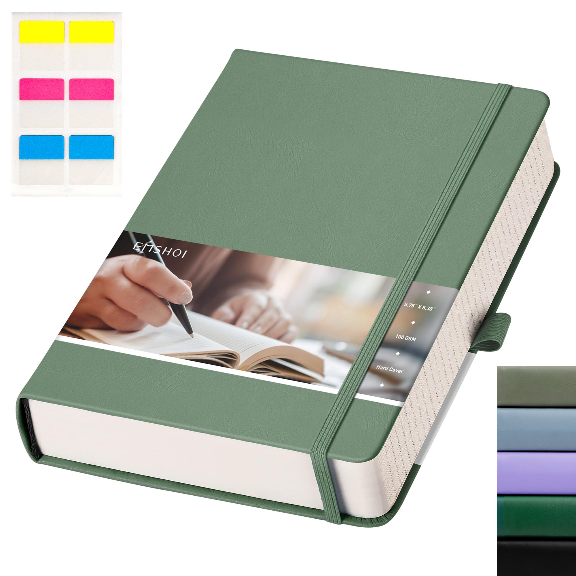 EMSHOI 400 Pages Notebook A5-100gsm Lined Journal Thick Notepad, Hardcover Vegan Leather Ruled Note Book Daily for Women Men Work School Office Writing, Sticky Notes, 14.5 x 21cm, Green