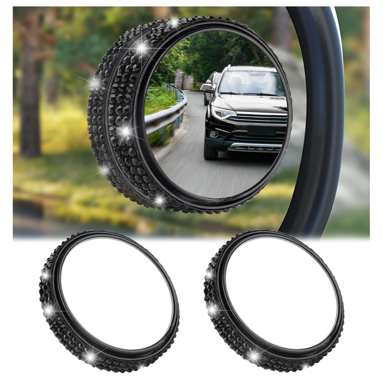 Car Blind Spot Mirrors 2 Pack,Bling Side View Mirror Blindspot Rhinestone Car Accessories for Safe Driving & Car Decorations,Universal 2/inch Round HD Wide Angle Blind Spot Car Mirror (Black)