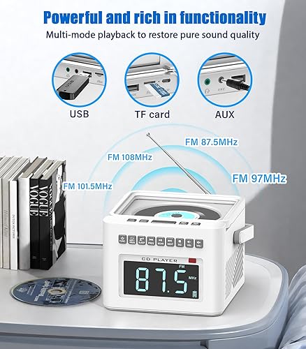 Miniatura 7 de Greadio Reloj despertador con reproductor de CD Boombox con Bluetooth, radio Boombox de 5000 mAh con reproductor de CD, ruido blanco,