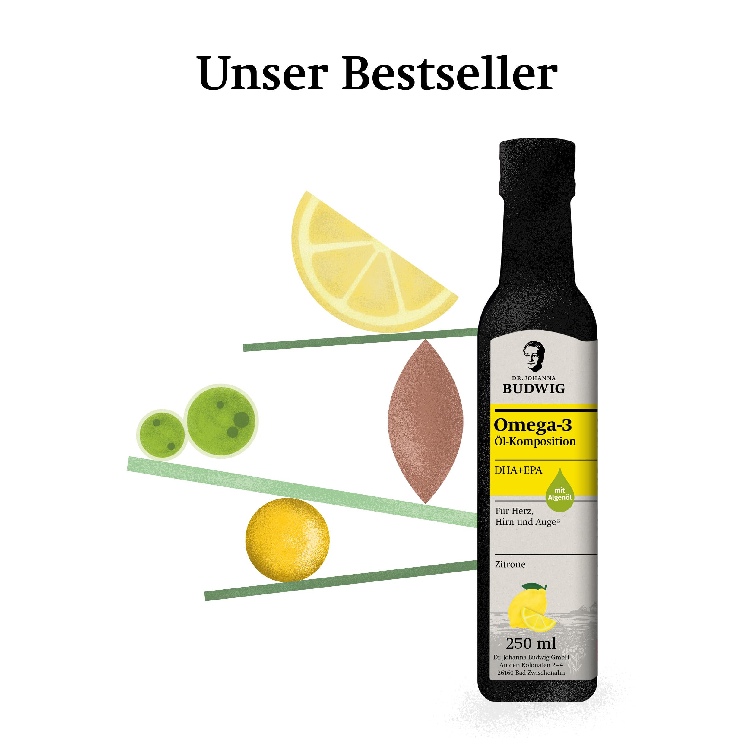 Dr. Budwig Premium Omega 3 DHA + EPA Öl Zitrone (250ml) | Bio Leinöl & Algenöl - hochdosiertes DHA & EPA - vegan - flüssig - laborgeprüft - Omega 3 für Kinder - Alternative Fischöl