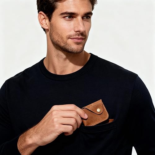 Miniatura 51 de Cartera organizadora de tarjetas de bolsillo frontal cosida a mano minimalista de cuero genuino para tarjetas, billetera con tarjetero pequeño, Negro