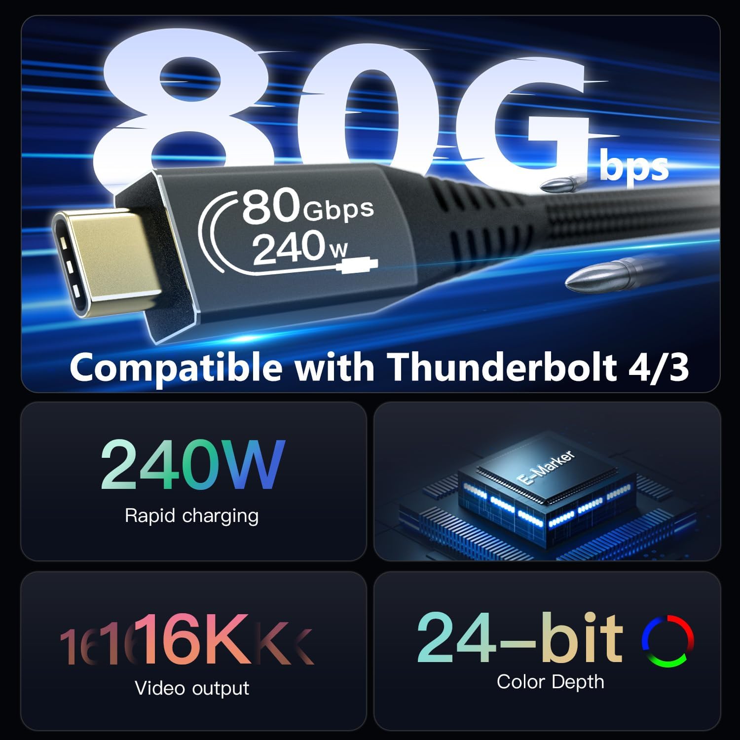 CAKOBLE Thunderbolt 5 kabel 3 m, 80 Gb/s, transmisja wideo 16K/ 8K, 240 W, kabel do ładowania USB 5, kompatybilny z Thunderbolt 4, Thunderbolt 3 USB 4 do koncentratora, stacji dokującej, M3, SSD,