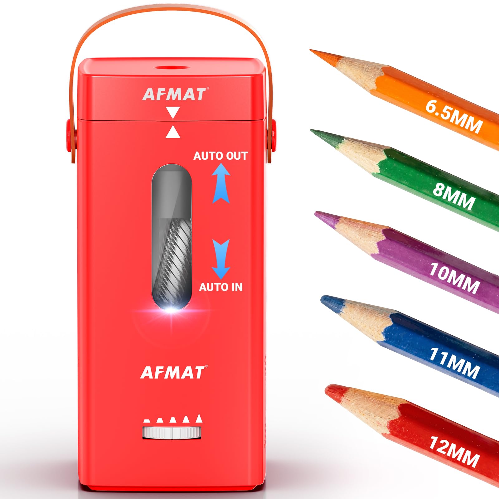 AFMAT Fully Automatic Electric Pencil Sharpener,Hands-Free Electric Sharpener with Handle, 5 Tip Settings, Auto in & Out, Portable for 6.5-12mm Pencils, 7K+ Uses for Teachers, Artists, Office,Red,PSC6