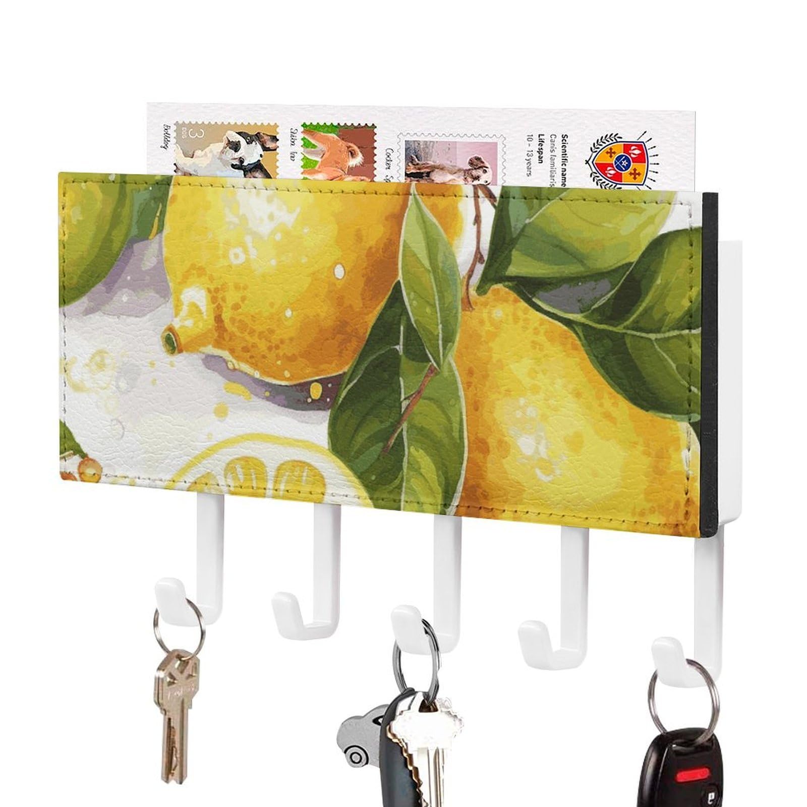 JTREHY Fruits Lemon Holder Wall-Mounted Key and Mail Holder,Key Rack with 5Keys Hooks, Easy to Install Mail Organizer for Entryway, Front Door, Hallway, Office