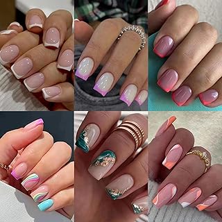 CTTHNBD 6 Packs (144 Pcs) Press on Nails Square, French Tip Press on Nails Short, Medium Press on Nails,Swirl False Nails, Glue on Nails, Gel Fake Nails for Women, Stick on Nails 12 Sizes-6 styles
