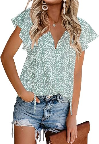 Miniatura 2 de Mansy - Blusas de manga corta con cuello en V para mujer, estampado floral, casual, con volantes, blusas sueltas de verano