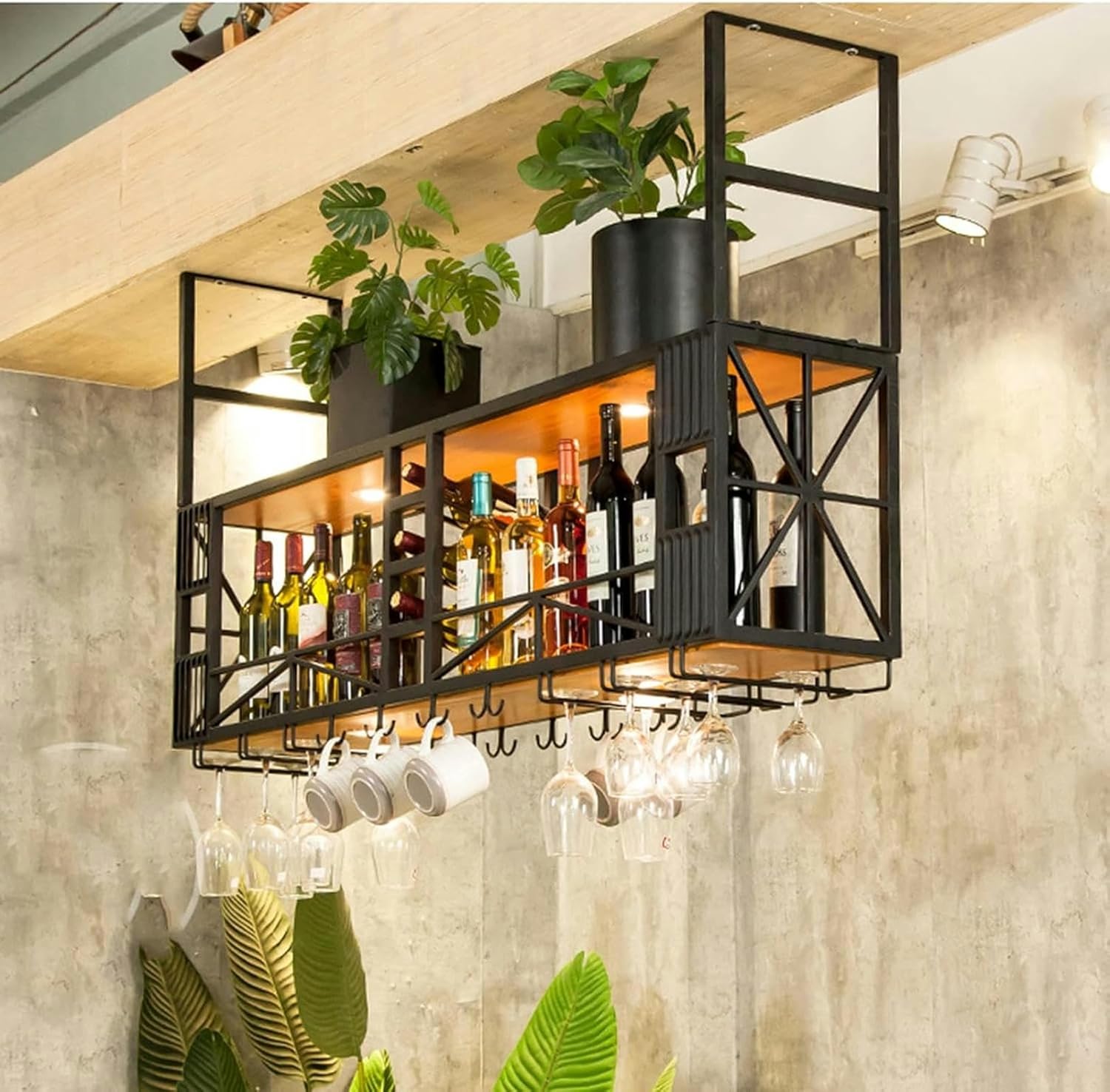 Ceiling Wine Rack, Wine Cabinet Bar Decoration Hanger Household Solid Wood Ceiling Cabinet Multi,Functional Display Rack,