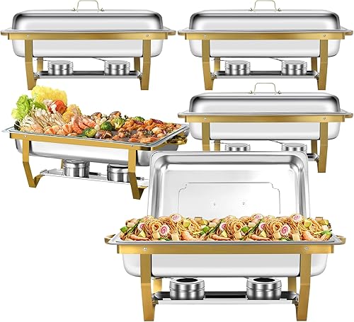 Paquete de 5 platos de roce para buffet, 8 cuartos de galón dorados con sartén de alimentos de tamaño completo y marco plegable, de acero inoxidable