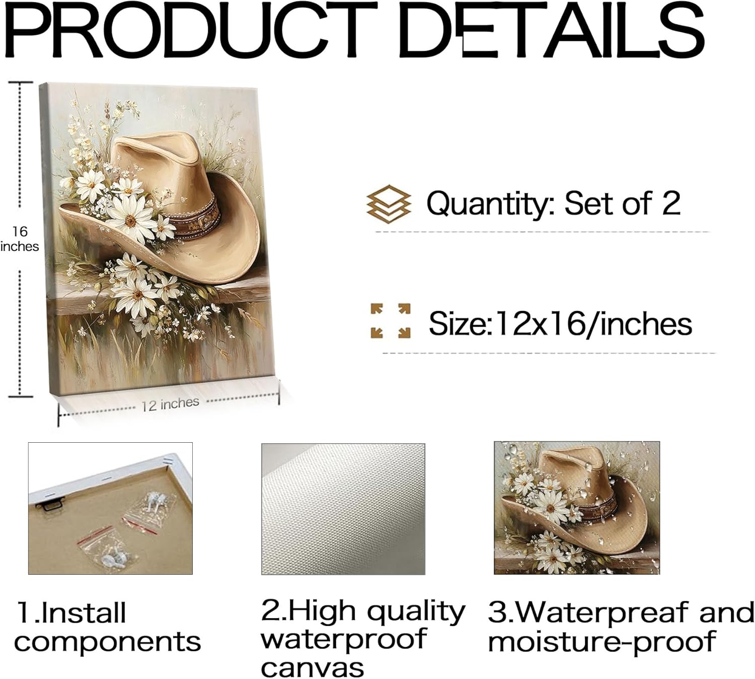 Frimeeme 2 Piece Set Framed Floral Cowgirl Footwear Canvas Wall Art,Cowboy Hat and Boots Canvas Prints,for Girls Bedroom Living Room Dorm 12x16 inch
