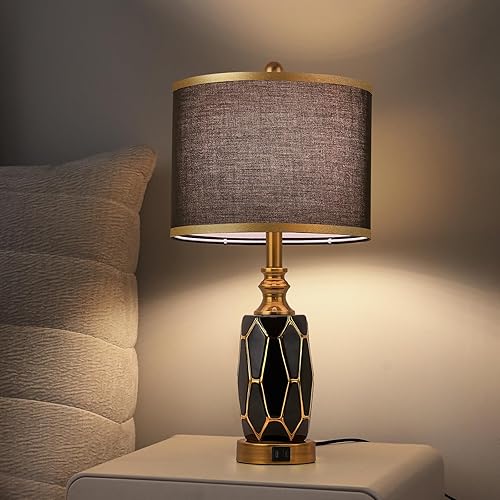 Miniatura 5 de Juego de 2 lámparas de mesa con control táctil para dormitorio, sala de estar, lámpara moderna de cerámica negra y blanca con puertos USB, lámpara