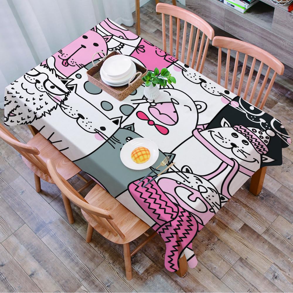 DALEXHM Table Cloth Wipe Clean Rectangular, wipeable tablecloths,Dining Table Cover for Kitchen Outdoor Garden Table,cat, a group of cute kittens on pink background and,54x72 in