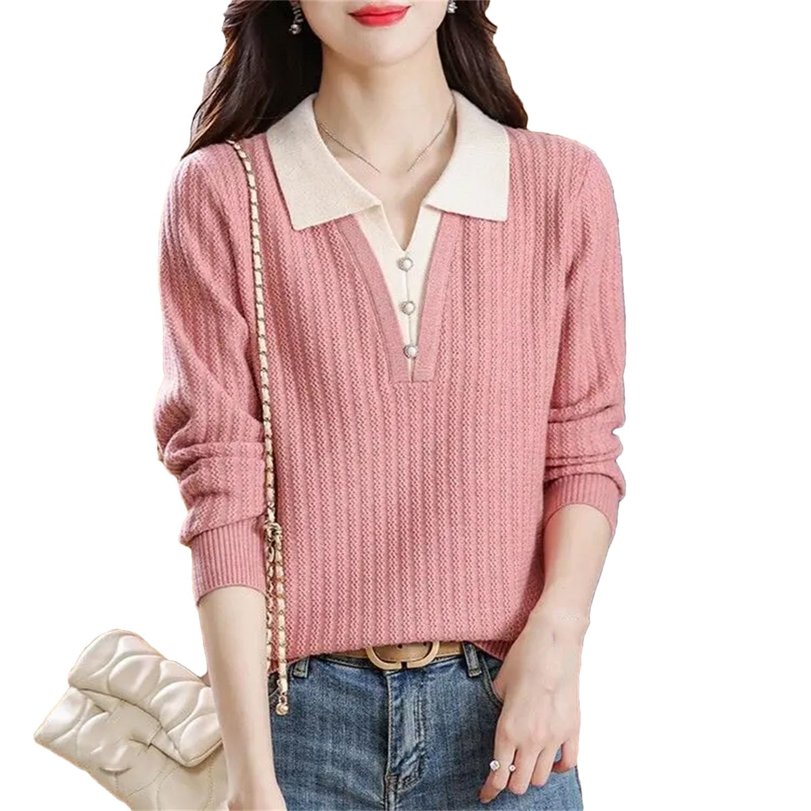 Abbigliamento da donna Turn Down Collar Falso Due Pezzi Maglioni Inverno Pulsante Patchwork Casual Manica Lunga Maglia Top