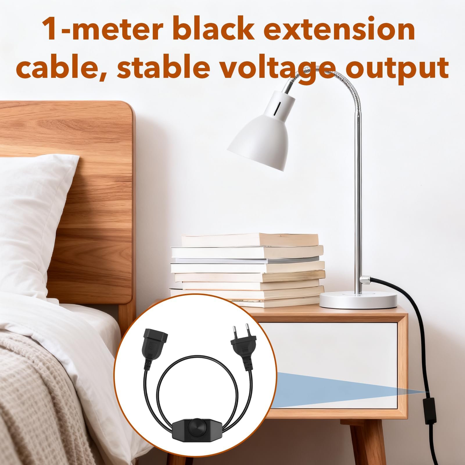Regulador LED con Interruptor Rotativo, Cable 1M Negro 220-250V 100W Máx, Dimmer Silencioso con Enchufe Europeo para Lámparas y Bombillas LED Regulables, Extensión de Cable Ajustable