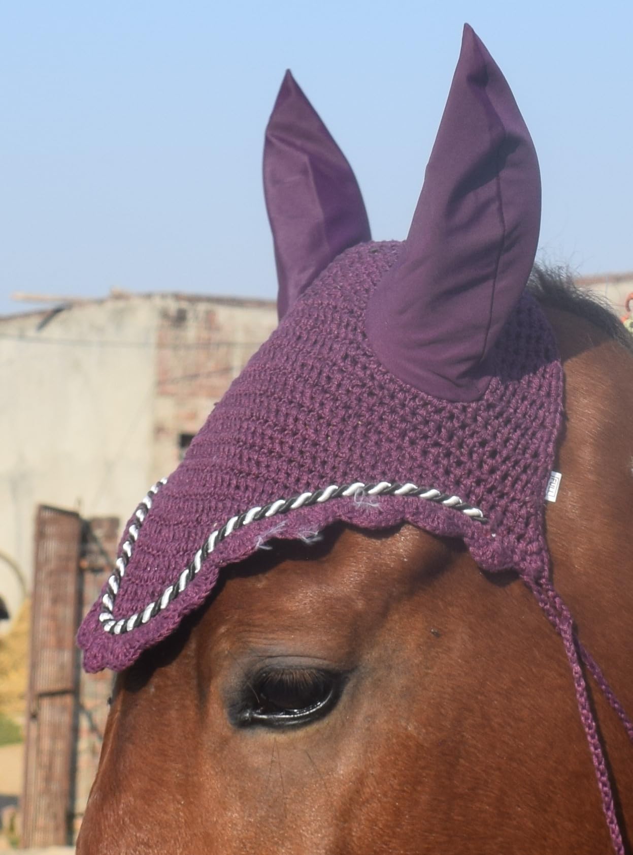 ZAINEE HORSE FLY VEIL EAR BONNET NET BREATHABLE COTTON HAT EQUESTRIAN (Pony, Berry) — view 9
