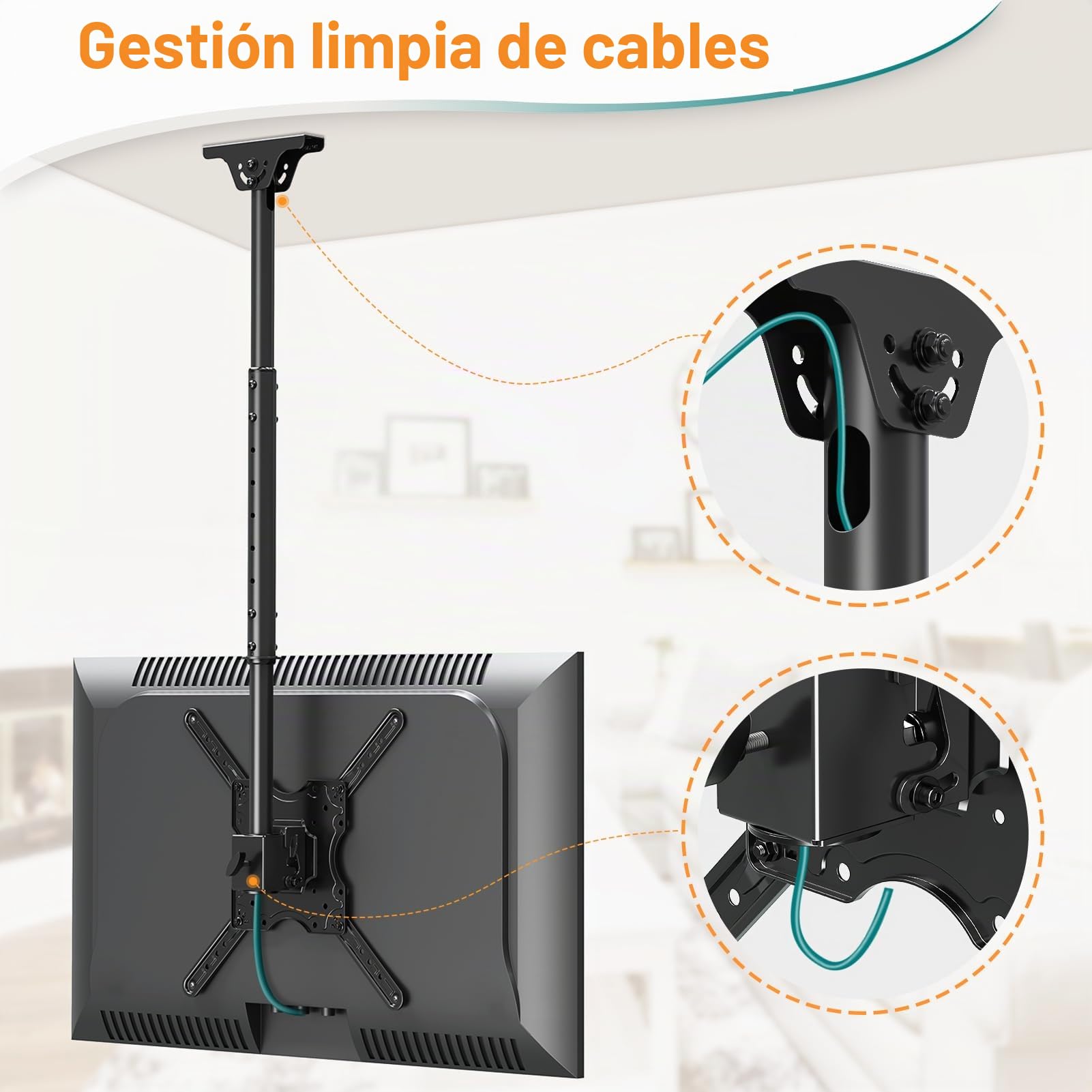 ELIVED Soporte de techo para TV para la mayoría de televisores planos y curvados de hasta 45 kg, máx. VESA 400 x 400 mm, altura ajustable para techo plano o techo inclinado, EV3015 | Soporte de TV regulable en altura para techo plano o techo inclinado EV3