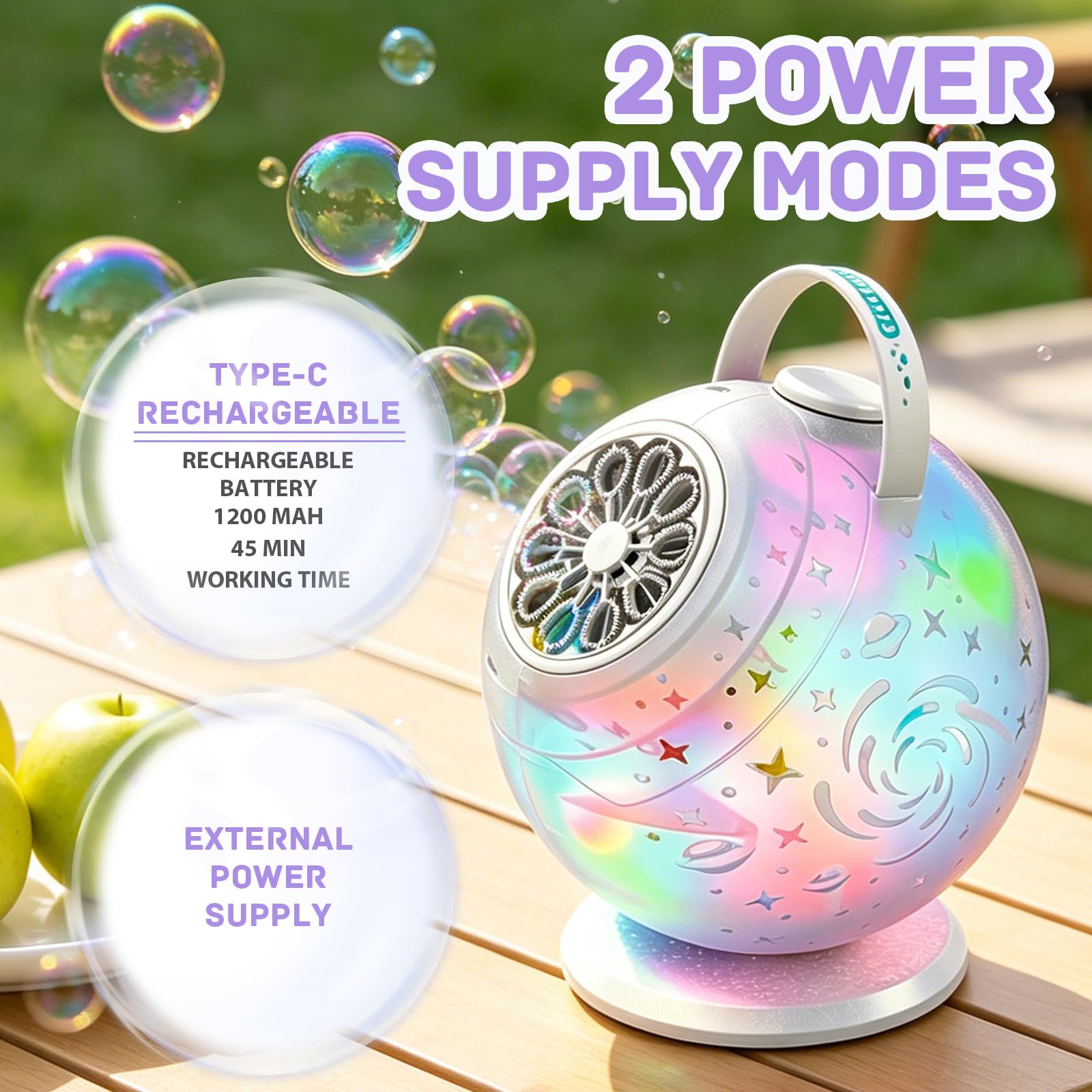 Máquina de pompas de jabón recargable con mando a distancia, 10 agujeros, rotación de 90°/360°, LED, USB-C 45 min tiempo de funcionamiento, burbujas grandes de jabón, para fiestas de
