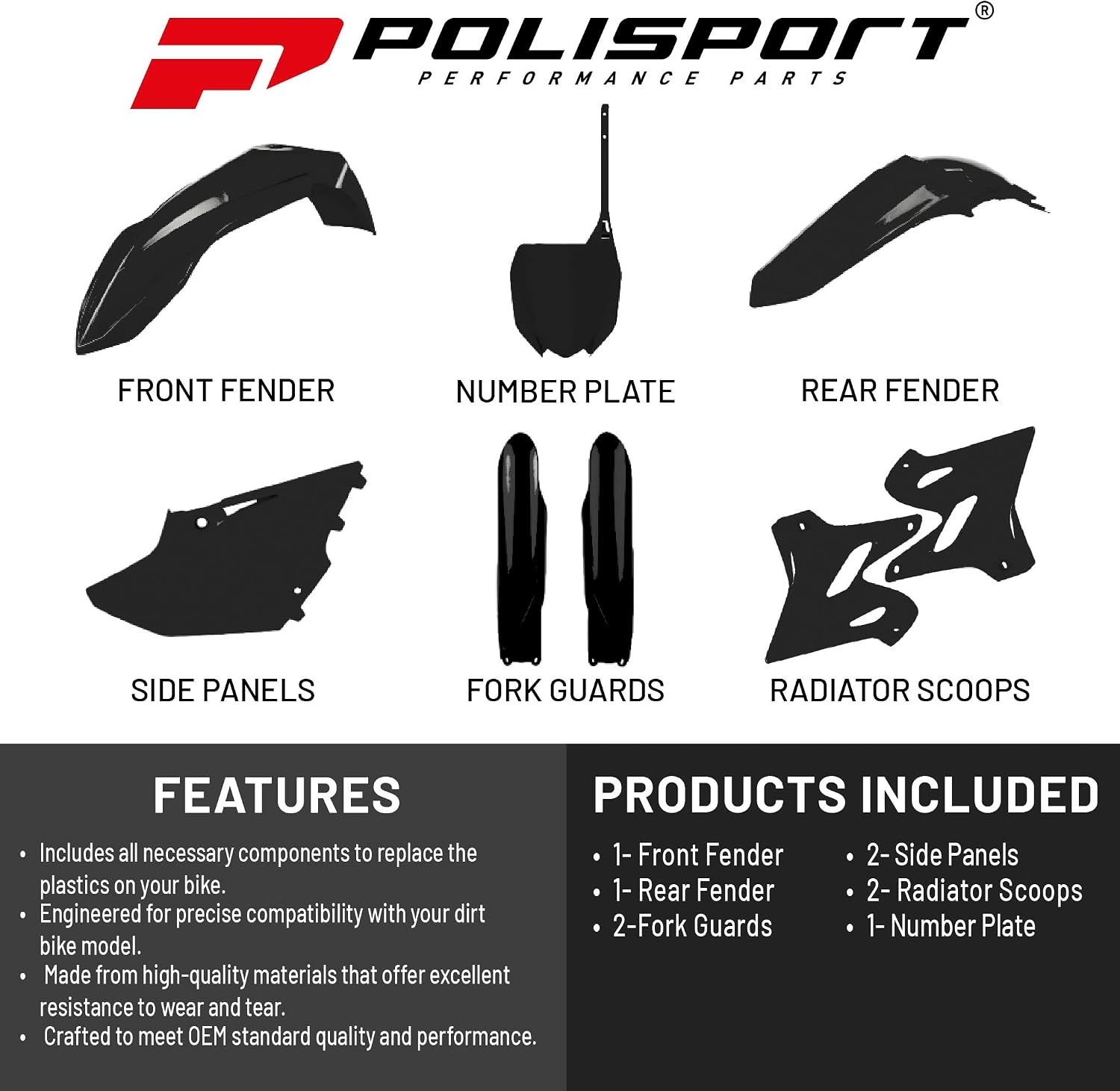 Polisport Motocross (MX) Replica Plastic Kit for YAMAHA YZ125/250 (2021) Dirt Bike – OEM Quality, Durable, Flexible & Perfect Fit – Black