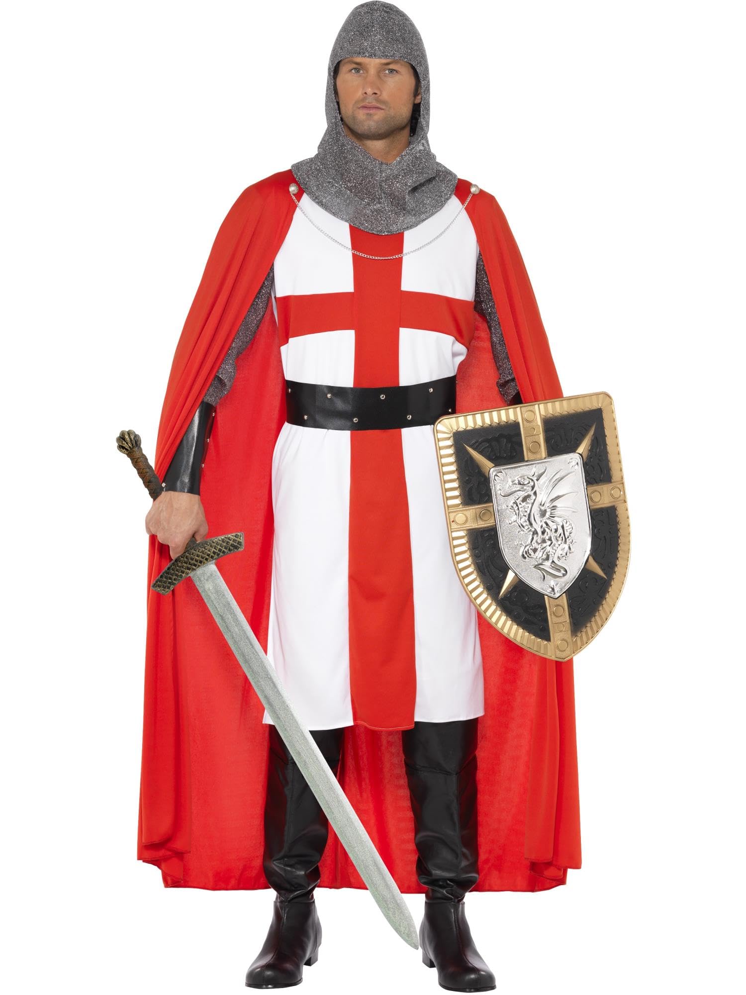Smiffys St George Hero Costume, Red with Tunic, Cape, Headpiece, Cuffs & Belt, Historical Fancy Dress, Adult Dress Up Costumes