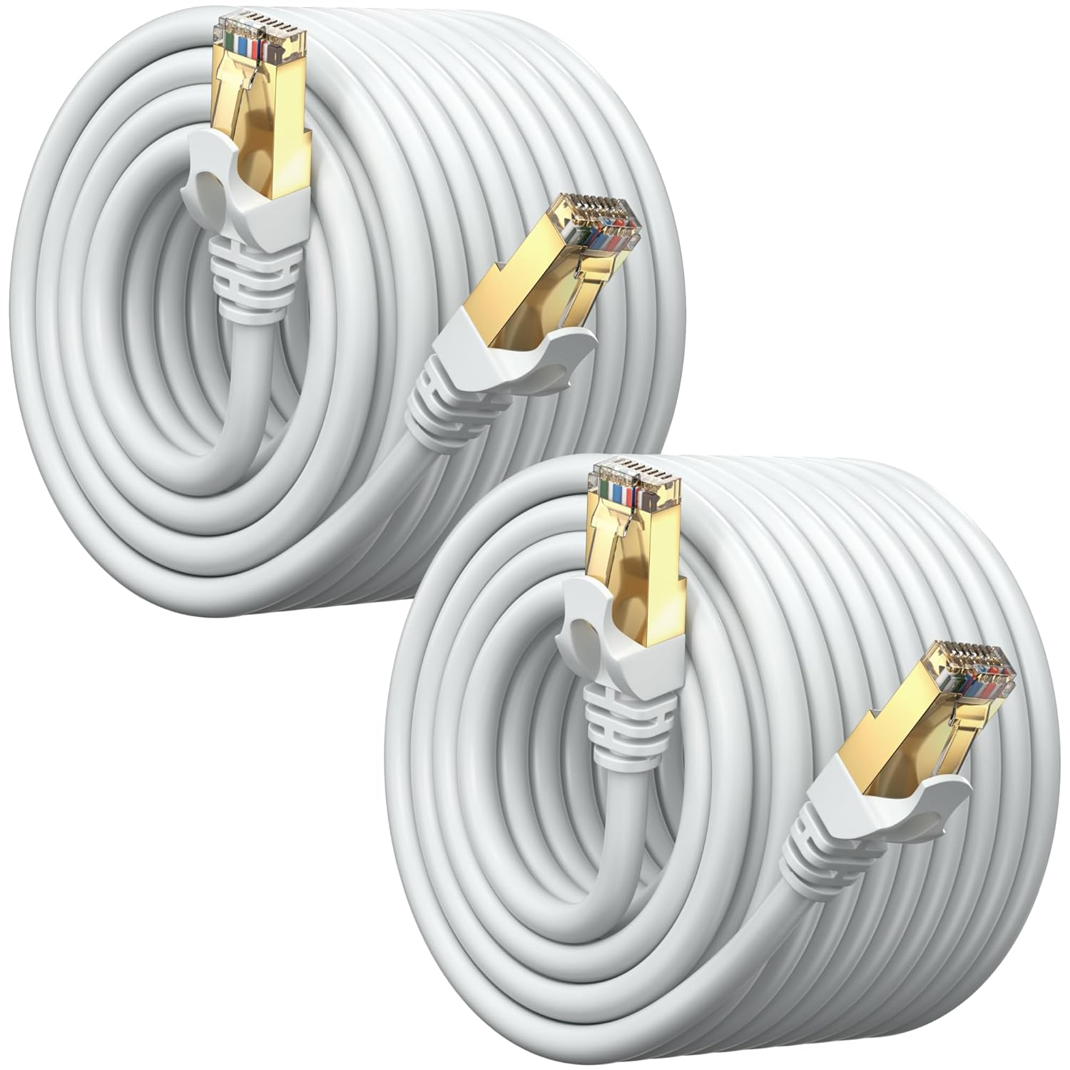 Cat 7 Ethernet Cable 100 ft - (2 Pack) High-Speed Cat7 Internet & Network LAN Patch Cables, RJ45 Connectors - Perfect for Gaming, Streaming, and More (White)