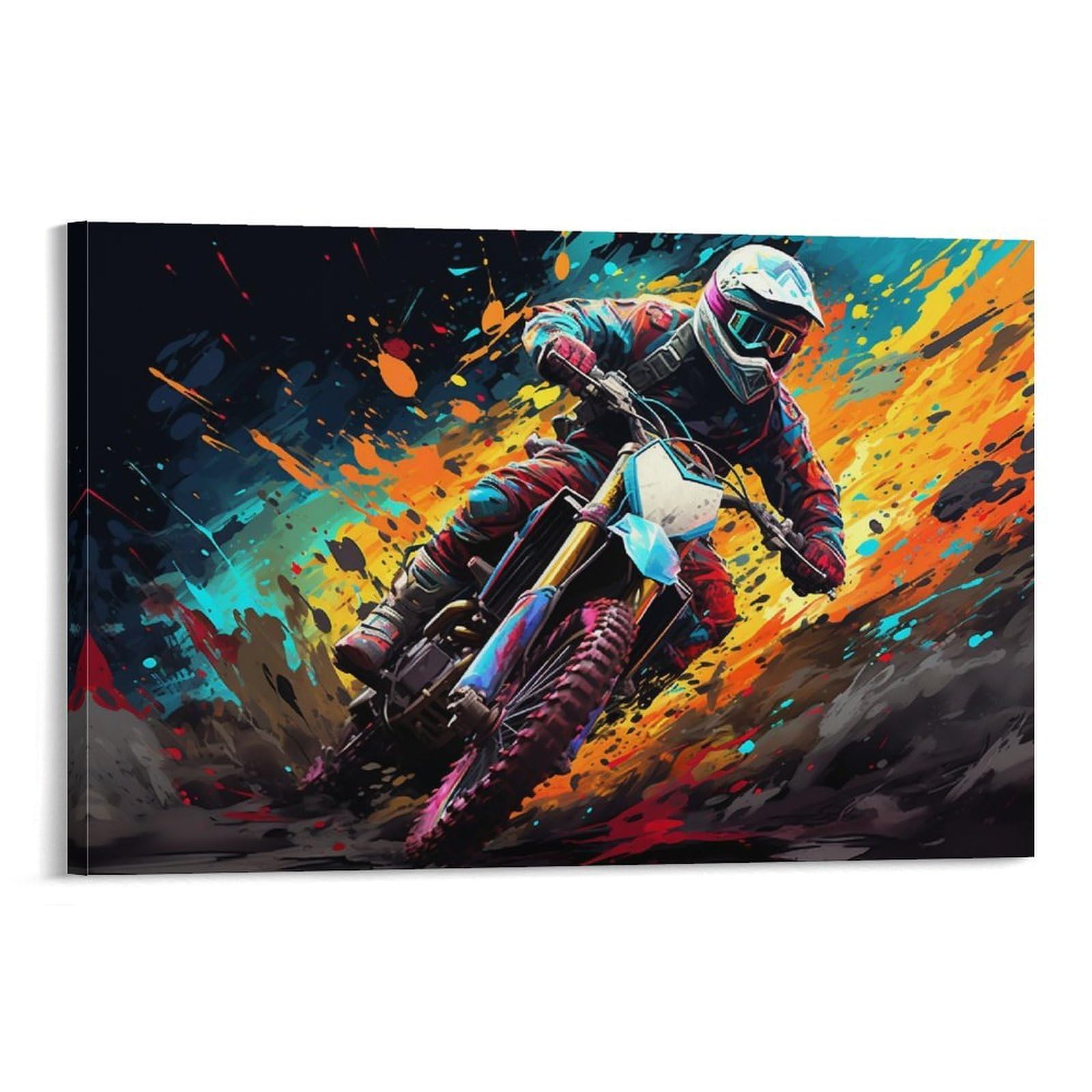CPLVKWRQJ Bright Magical Colorful 1 Piece Dirt Bike Rider Explosion Art Framed Canvas Art - Bedroom Wall Hanging Easy to Clean Space Transformer Decor 16x24inch(40x60cm)