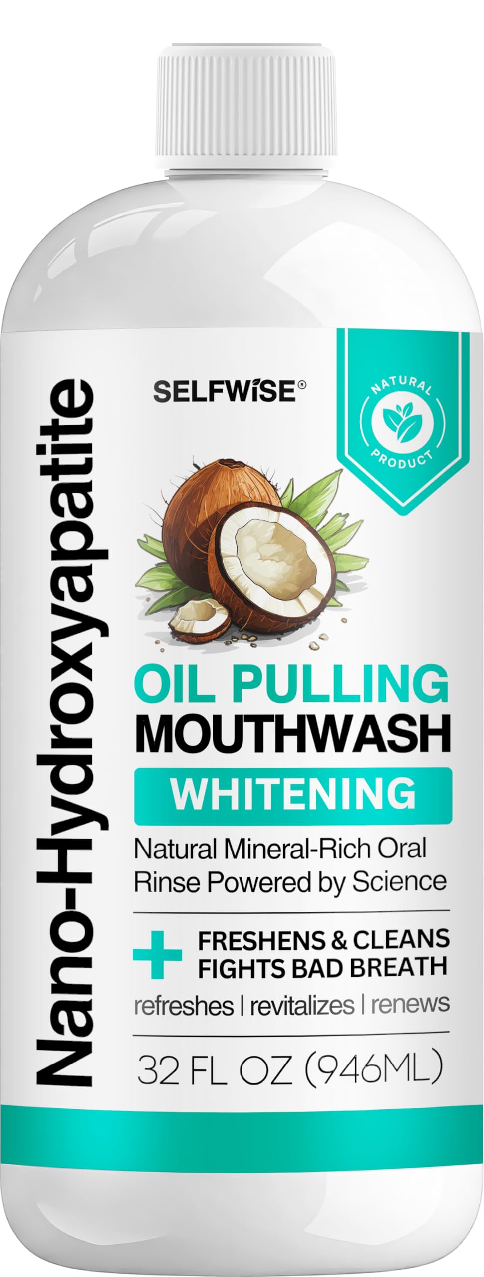 Nano-Hydroxyapatite Oil Pulling Whitening Mouthwash for Teeth and Gums, Natural & Organic, Whitens Teeth, Strengthens Enamel, Fights Bad Breath &