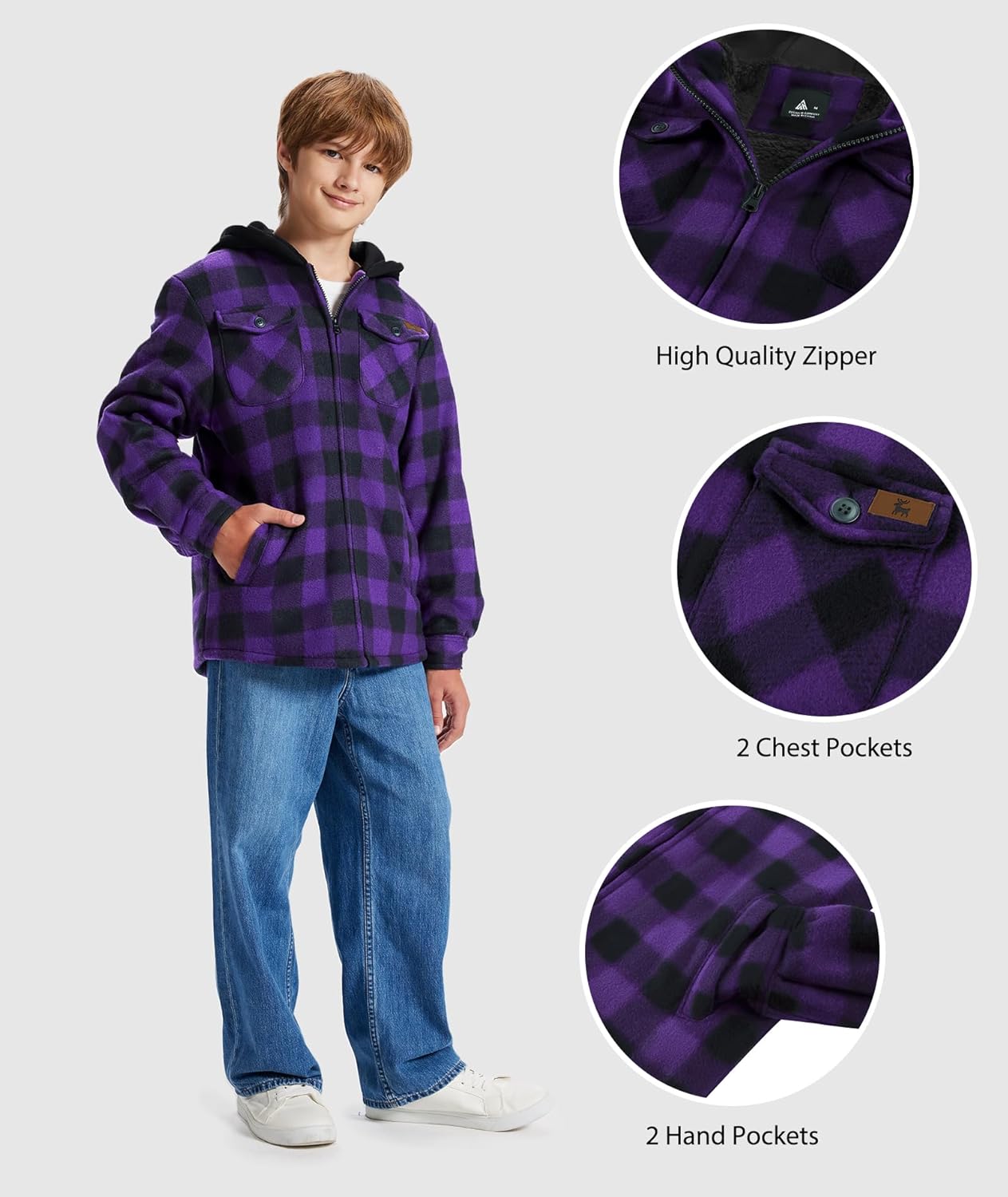 ZITY Boys Flannel Shirt Jacket Fleece Sherpa Lined Plaid Jackets Unisex Coat Full Zip Hoodie Girls Winter Outwear 6-15 Years - Image 4