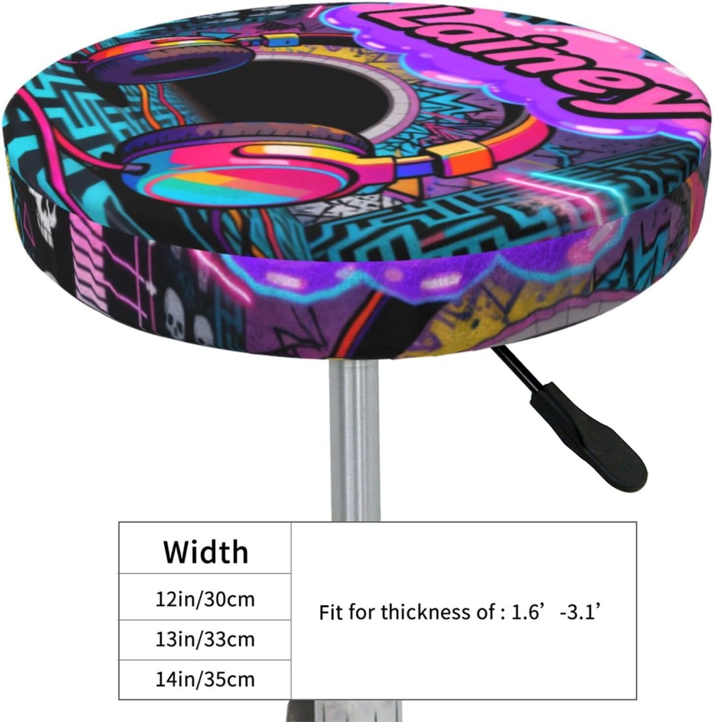 JugJug Personalized Neon Music Bar Stool Cover with Custom Name, Retro Graffiti Headphones Design, Round Elastic Seat Slipcover, Decorative Protector for Bar, Game Room, Kitchen image 4