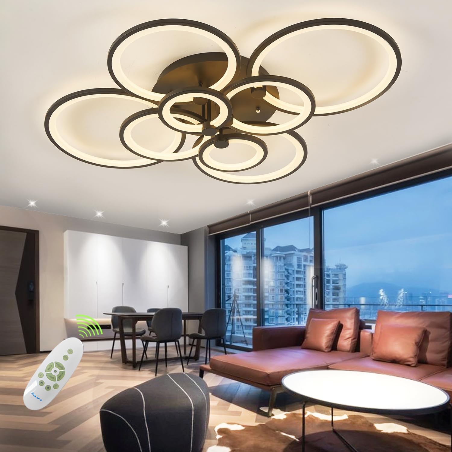 Modern LED Ceiling Light Dimmable Flush Mount Modern Ceiling Light Fixture Living Room 8 Rings for Kitchen with Remote Controller