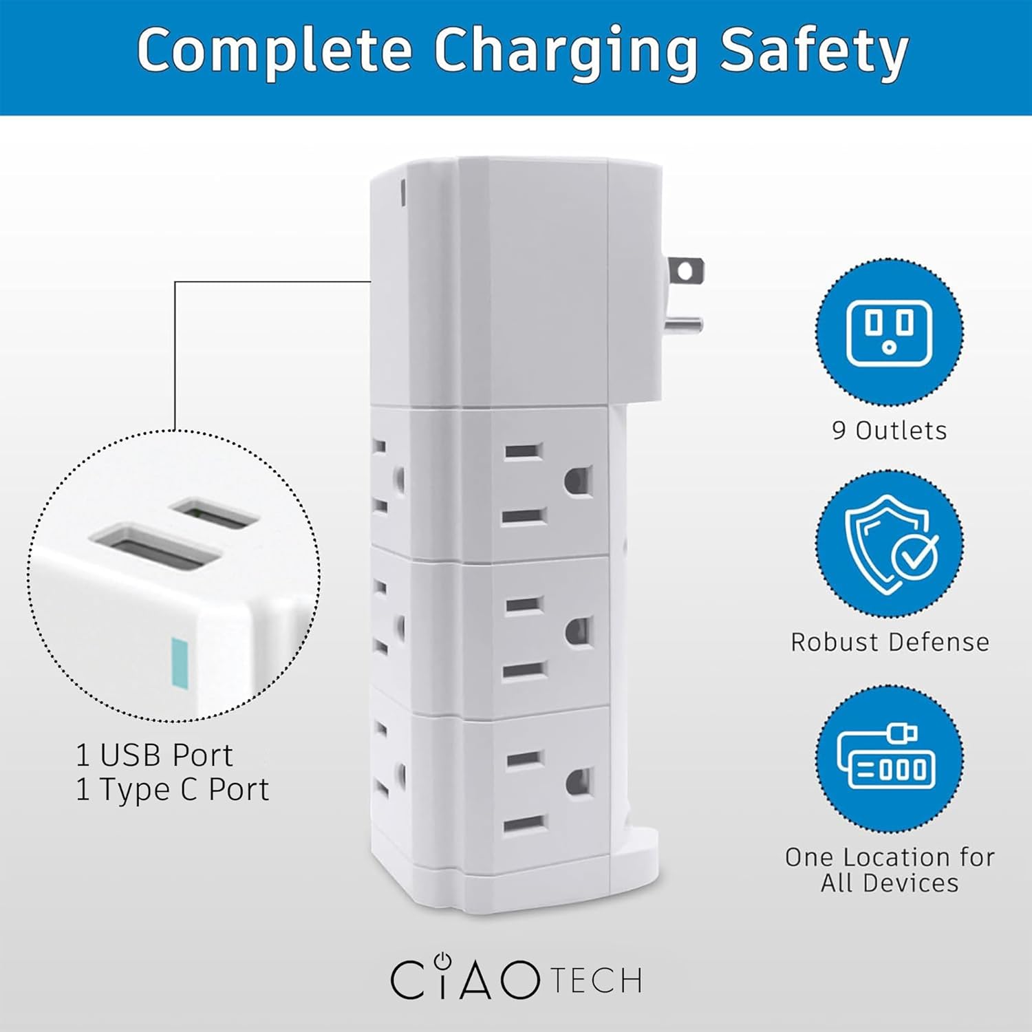 9 Outlet Extender with 1 USB-A & 1 USB-C - Multi Plug Outlet with 540 Joules Surge Protector - Multipurpose USB Outlet with 3A Fast Charging for Travel, Home & Office (White)