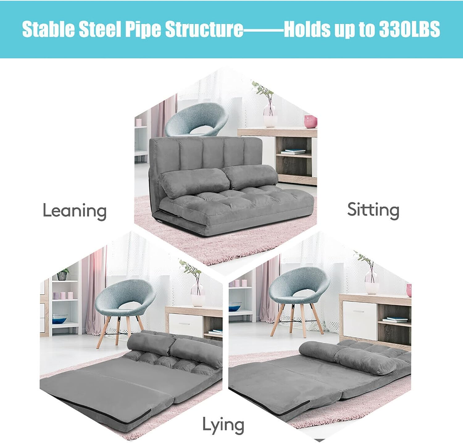 DORTALA Foldable Floor Sofa, 6-Position Adjustable Lounge Couch with 2 Pillows & Suede Cloth Cover, Modern Lounge Mattress Video Gaming Lazy Couch, Floor Seating Sofa, 71" x 44.5", Grey