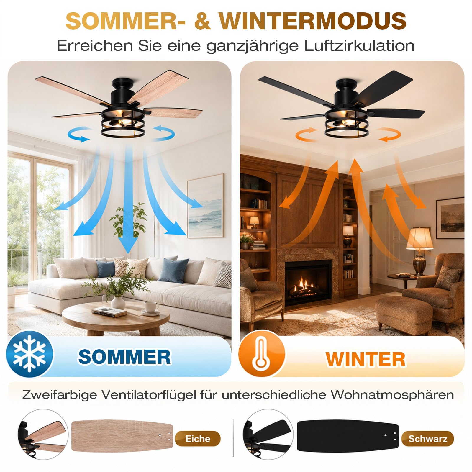 132cm Deckenventilator mit Beleuchtung Doppelseitige Flügeln, Leise Deckenlampe mit Ventilator, Fernbedienung Timer, 6 Geschwindigkeiten DC Motor Umkehrbar, 2700K, für Schlafzimmer Wohnzimmer