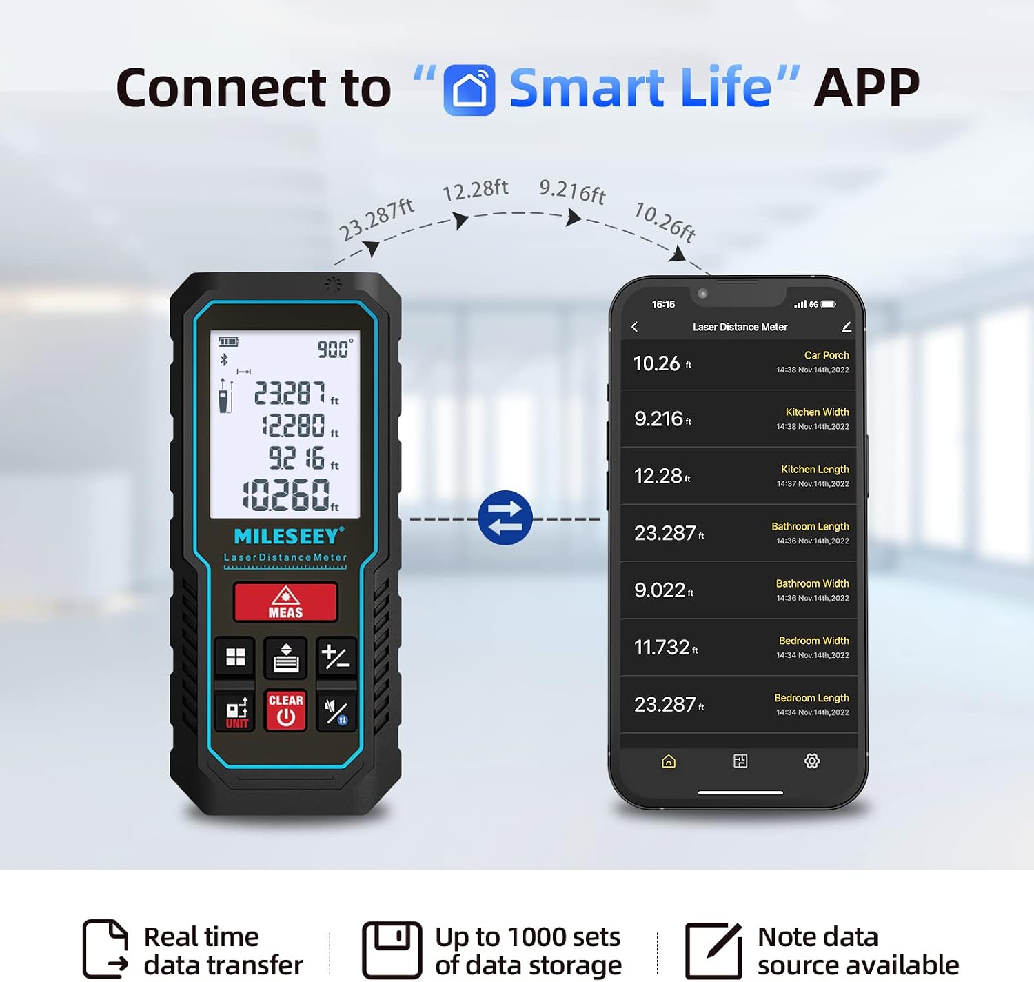 Laser Measurement Tool, MILESEEY ±2mm Accuracy Laser Measure with Digital Angle Level, Laser Tape Measure with Phone App, Record Data and Make Your own Sketch Support Hand-Drawn Plan/Draw on Picture