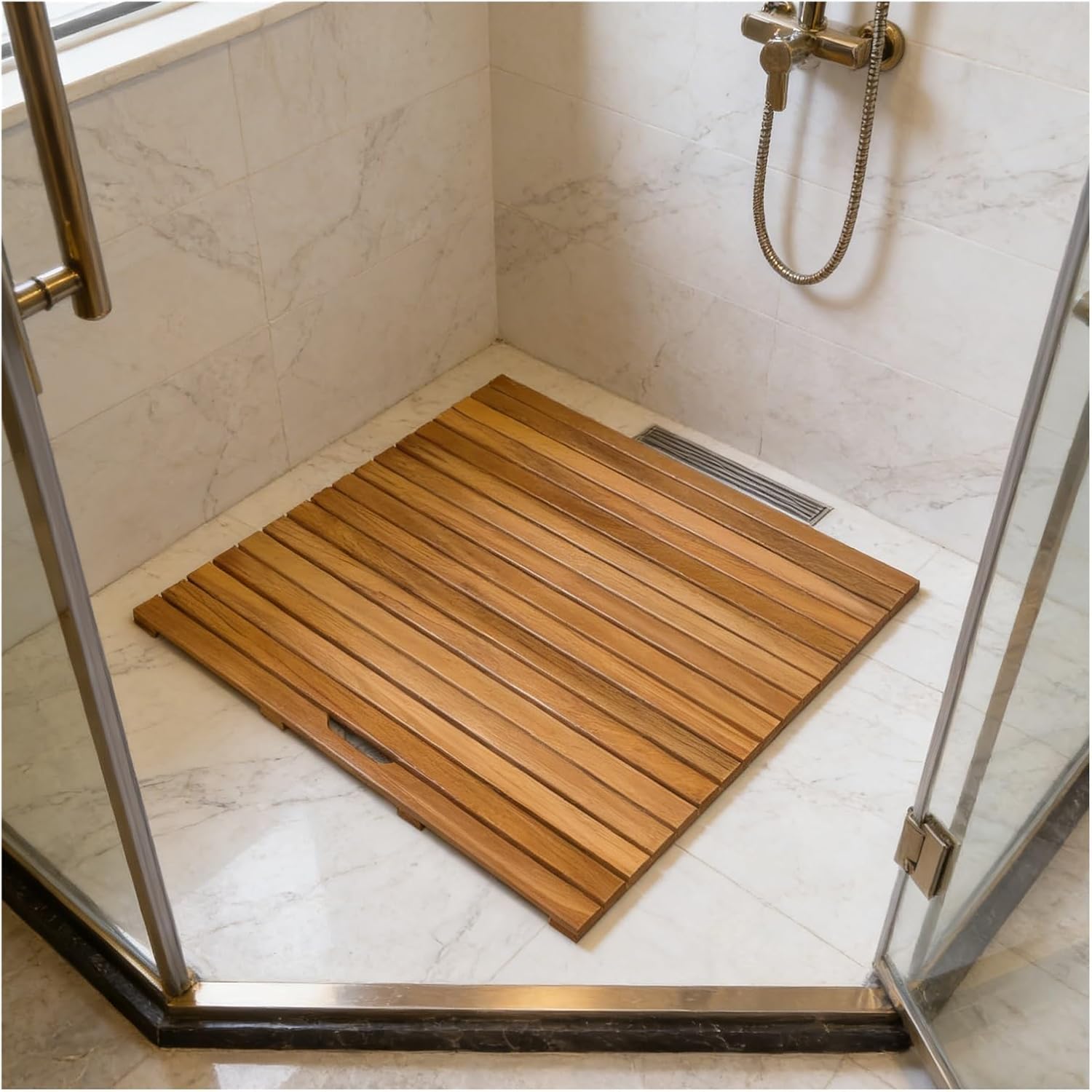 Spa Shower Mat for Isnide Outside Shower, Nordic Style Teak Shower Bath and Spa Mat, Large Small Bathroom Anti-Slip Teak Wood Mat, Raised Slat Design for Drainage(18x24in)
