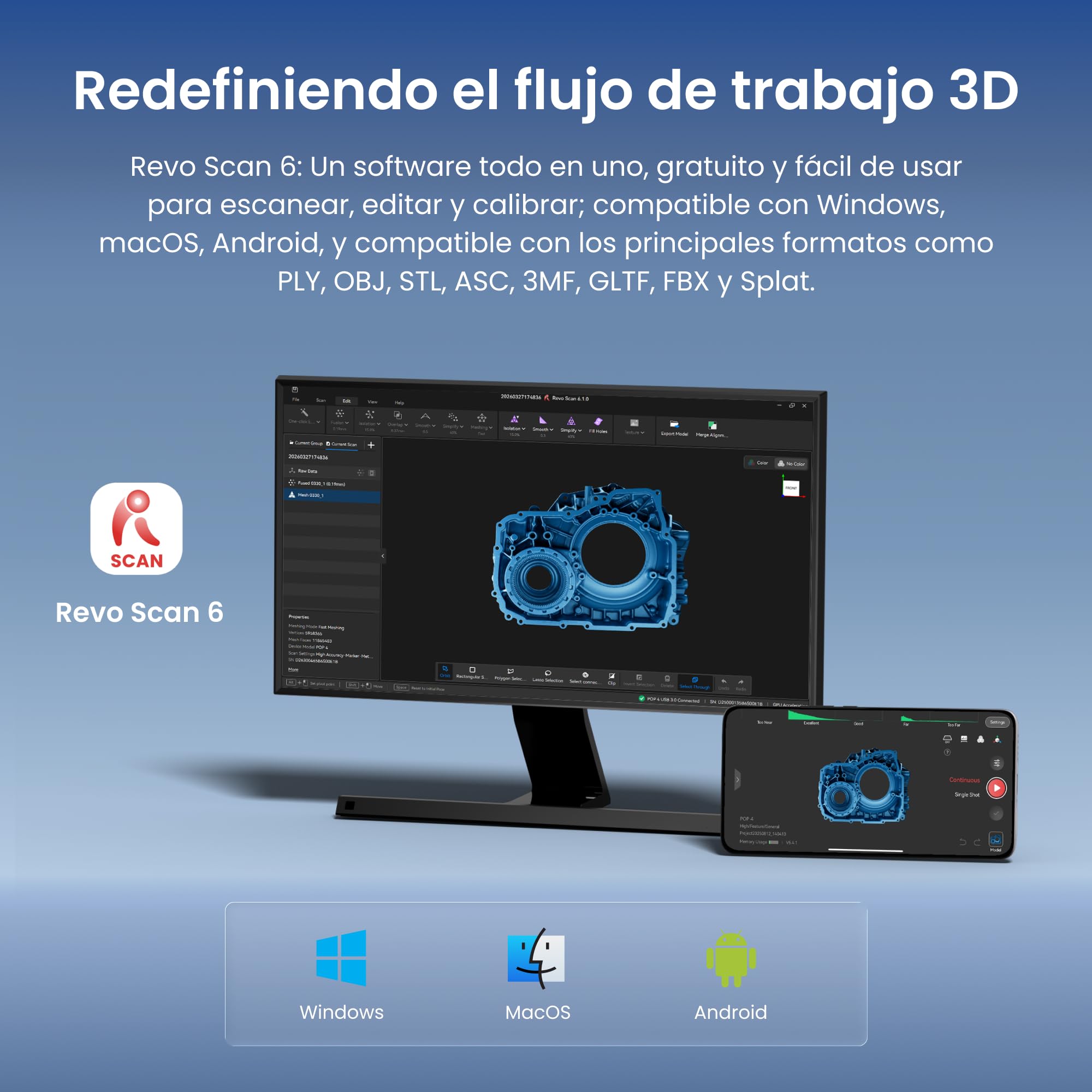 Revopoint Pop 4 Escáner 3D, láser Azul con precisión de 0,03 mm, Estándar | Hasta 105 fps, segmentación por IA y modelado 3DGS, 5 modos de escaneo, Seguimiento antivibración, escaneo en exteriores