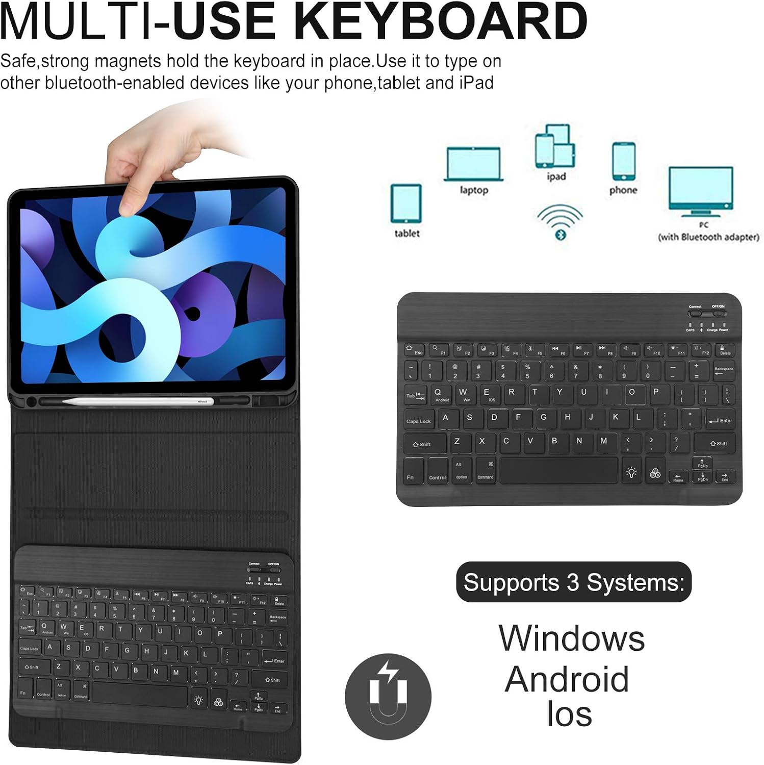 iPad Keyboard Case 9.7 inch for iPad 6th Generation(2018)/iPad 5th Gen(2017)/iPad Air 2&1/iPad Pro 9.7-7 Colors Backlit Detachable Keyboard Folio Smart Cover with Pencil Holder– Black