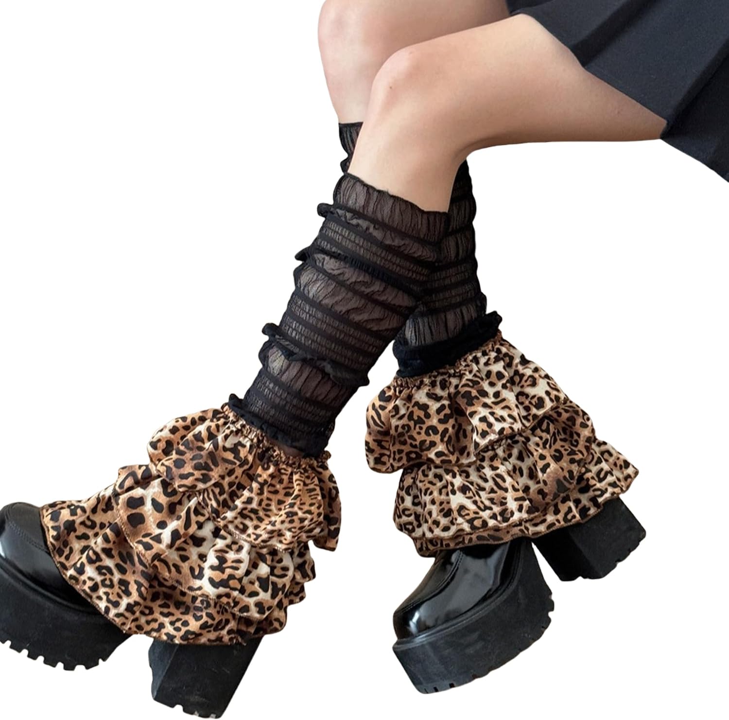 BOLLEY JOSS Womens Girls Y2k Leg Warmers Cute Ruffle Trim Tie Up Leg Sleeve Leopard Print Boot Socks Harajuku Lolita Socks