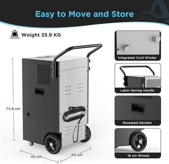 80L Commercial Dehumidifier with Pump & Drain Hose for Basements & Large Rooms up to 400 m³, Industrial Dehumidifier with Wheels Heavy Duty Commercial-grade